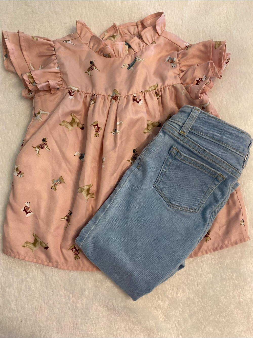 Janie & Jack Pink Ruffled Dog Print Toddler Blouse and Bluejeans size4